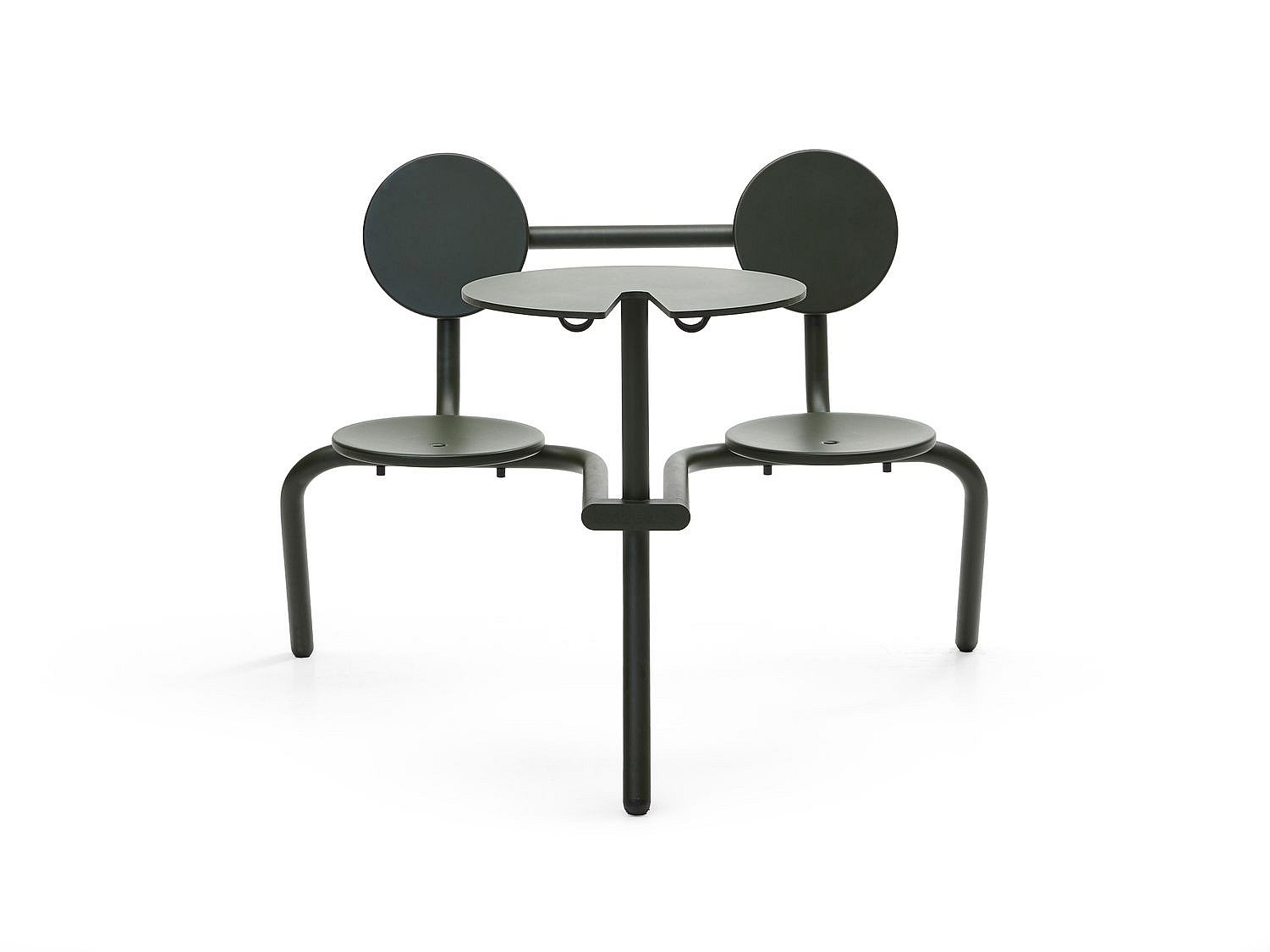   Compacte donkergroene Bistroo set met twee ronde zitjes, ronde rugleuningen en een klein rond tafeltje op een effen witte achtergrond.