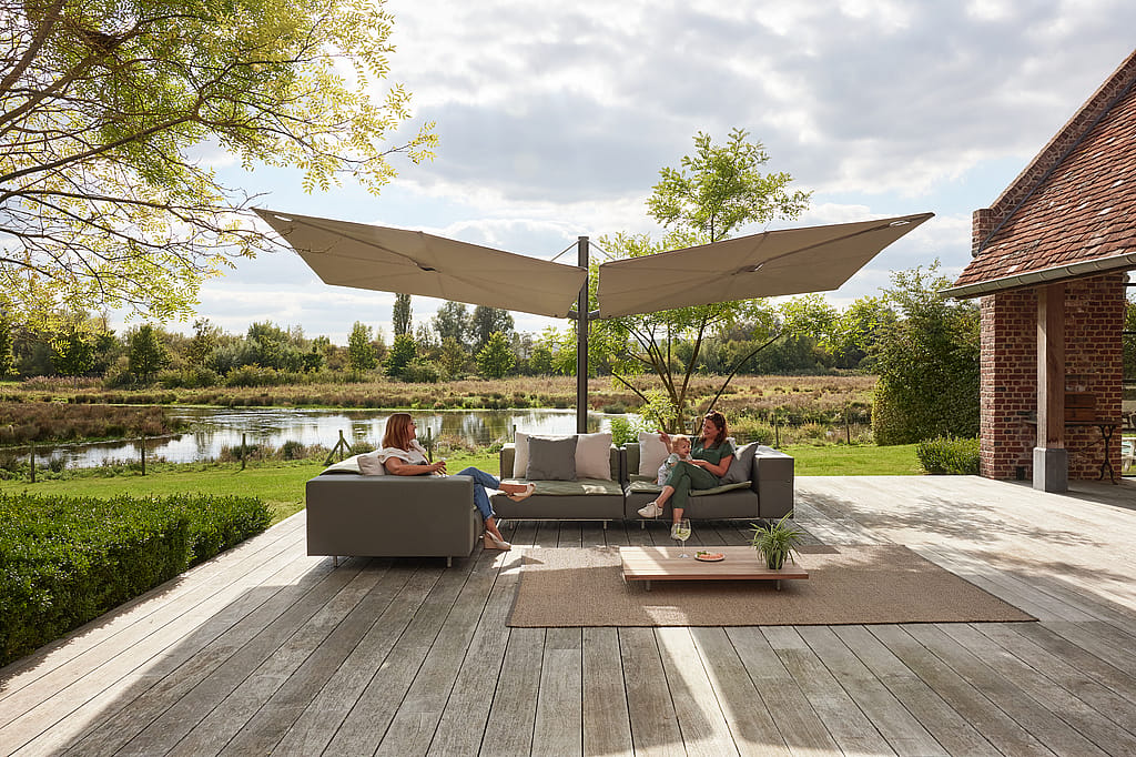 Sensu shade shown in a product overview, emphasizing its flat horizontal canopy that opens like a hand fan.