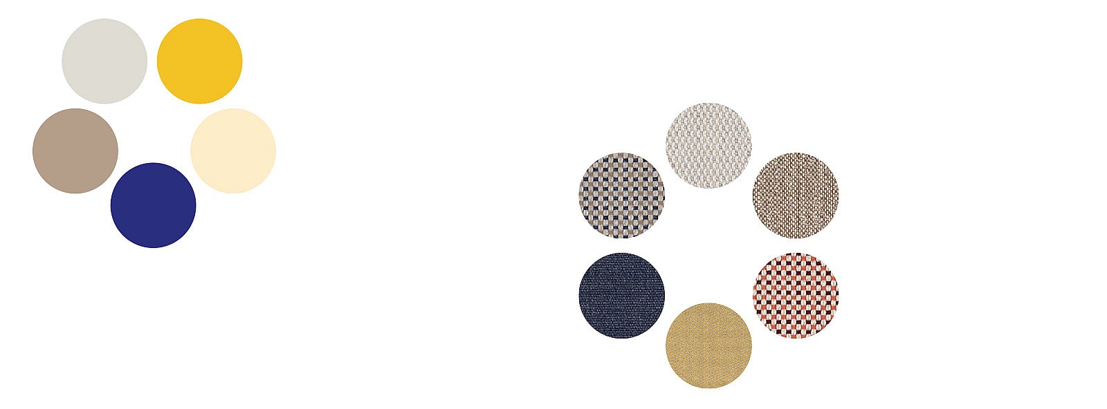 Color palette board for the Majestic Mirage biome, with circular samples in sand, beige, yellow, cobalt blue and patterned fabrics.