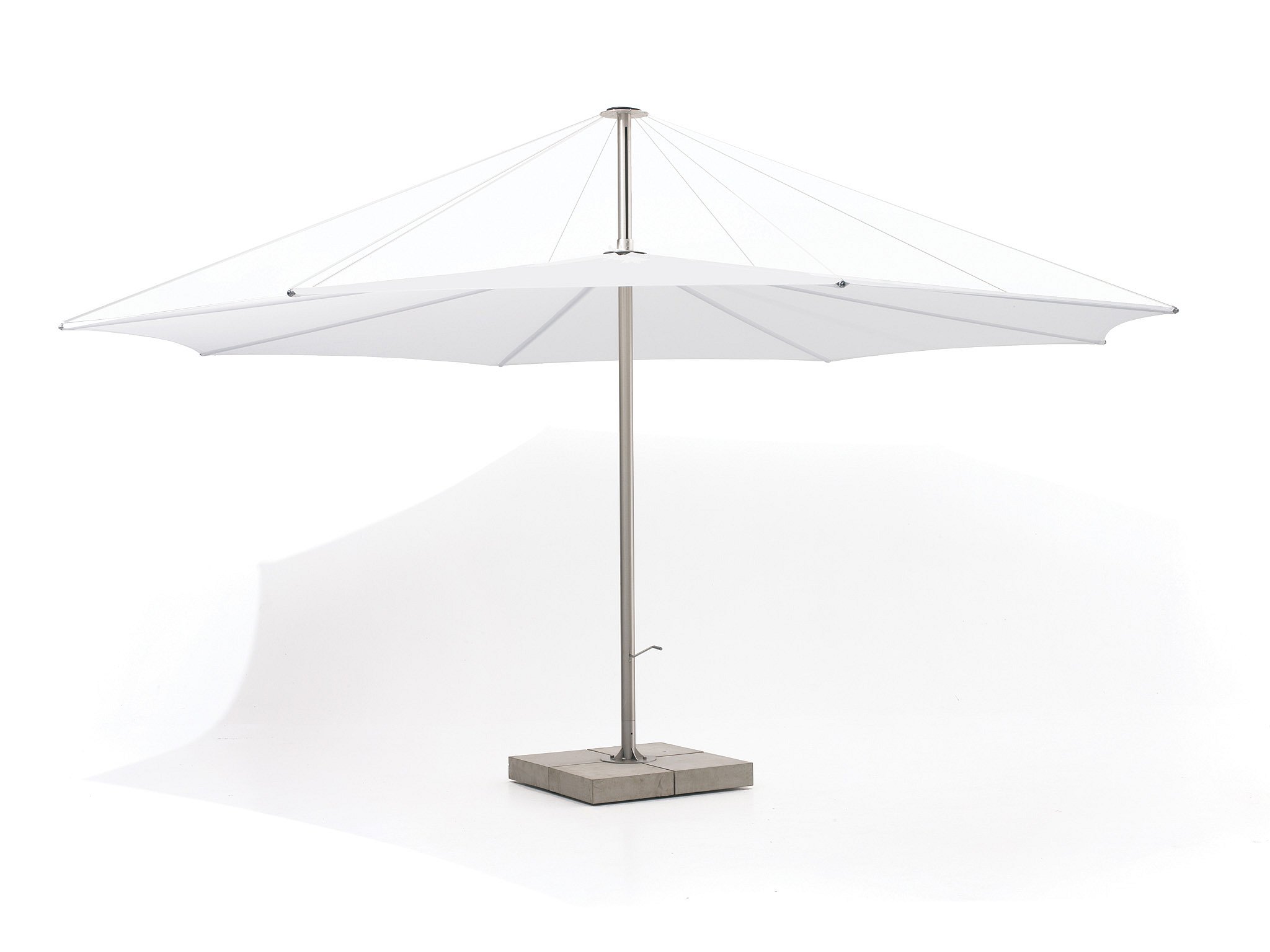 Studio shot of a large light-grey parasol with a central metal pole and wheeled square base on a plain background.