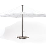 Studio shot of a large light-grey parasol with a central metal pole and wheeled square base on a plain background.