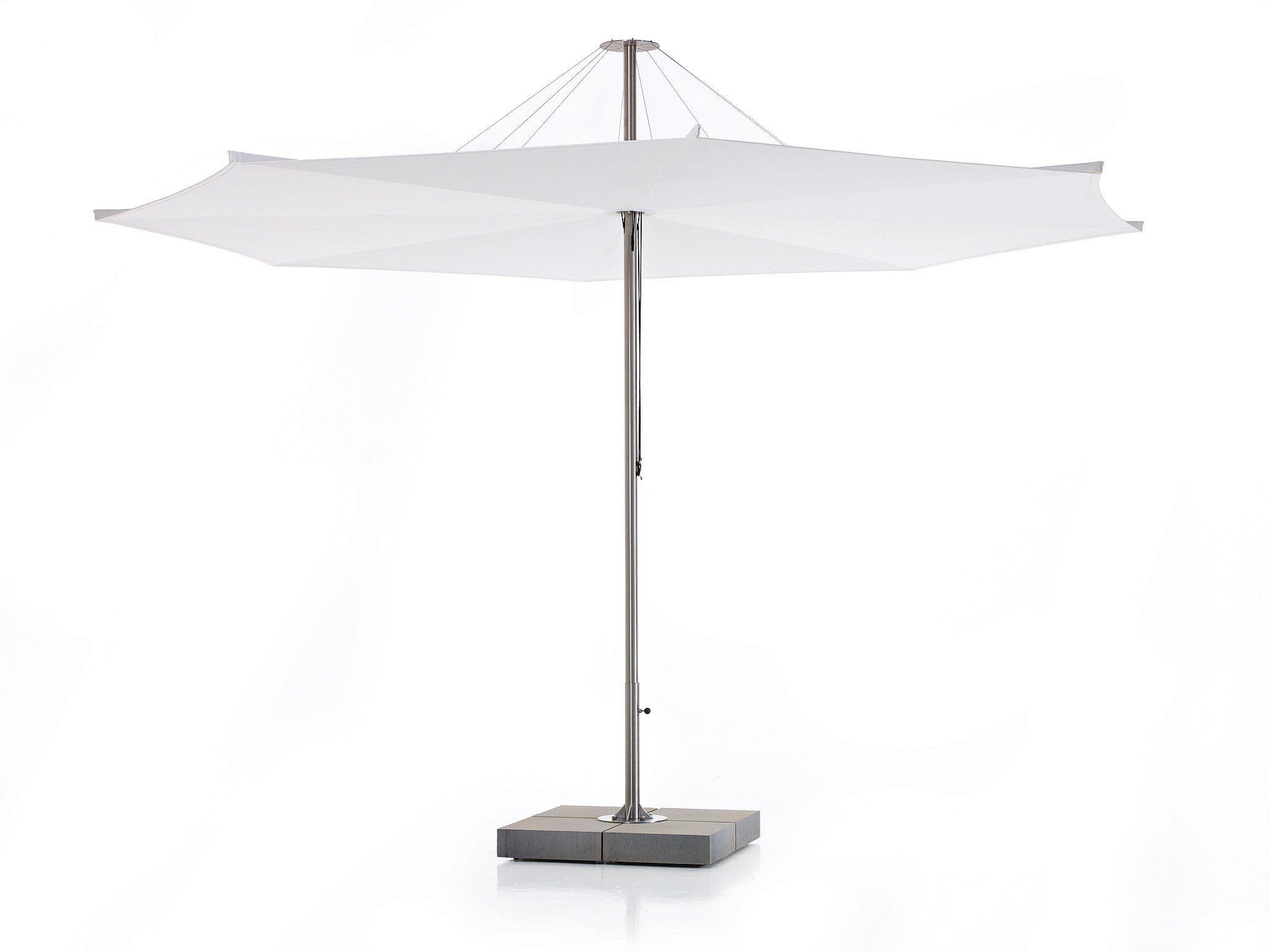Studio shot of a large white inumbrina parasol with a central metal pole and square weighted base on a plain background.