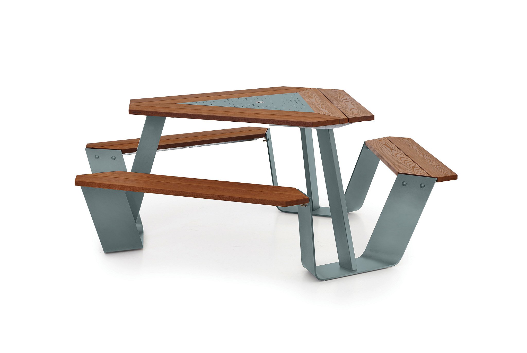 Close-up of an anker bench slats mounted on a earth metal leg, highlighting the clean joinery and warm wood grain.