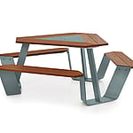 Close-up of an anker bench slats mounted on a earth metal leg, highlighting the clean joinery and warm wood grain.