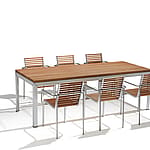 Close-up of a dark wooden slatted tabletop on a white metal frame, with matching slatted seating softly blurred in the foreground.