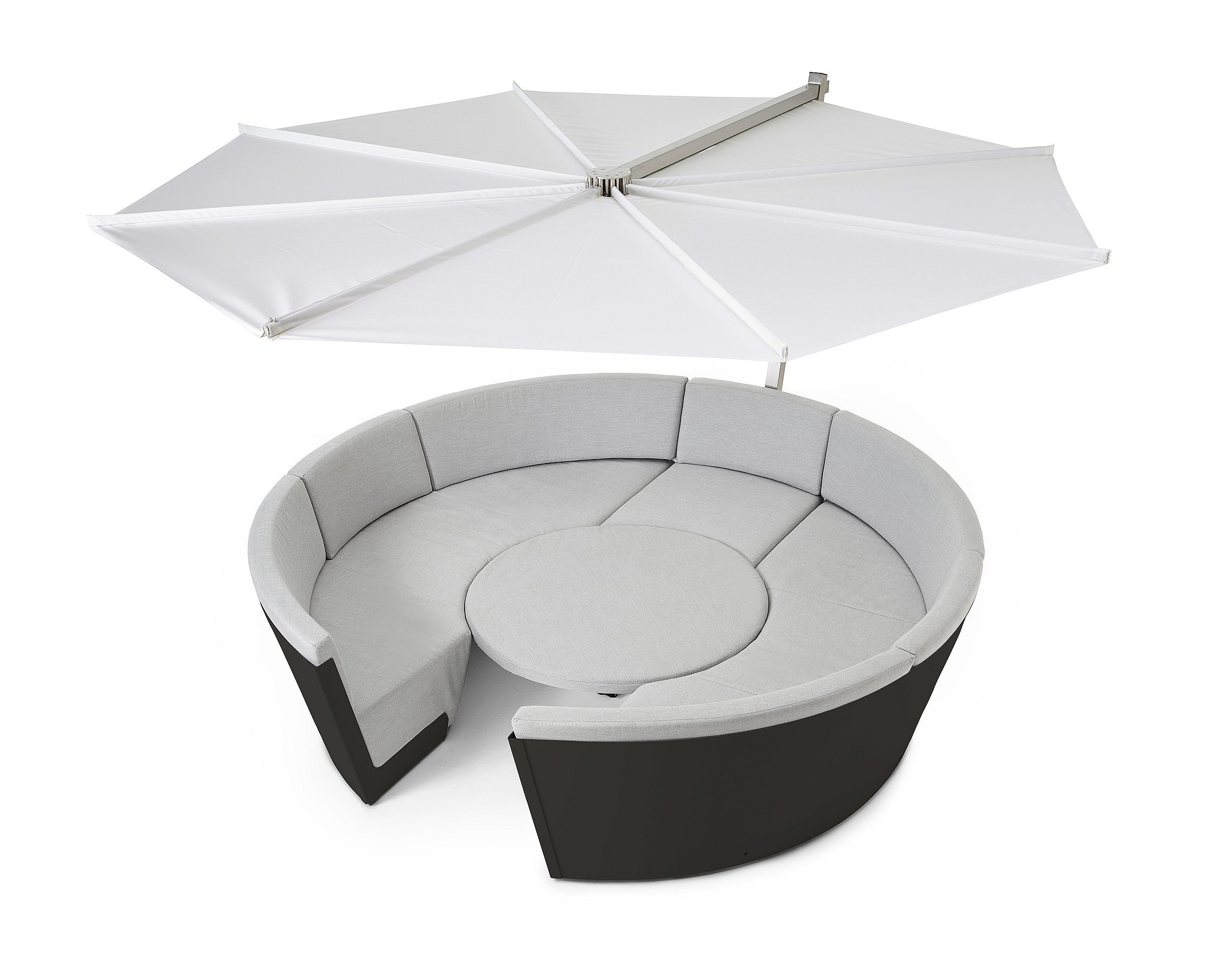 Studio shot of a round white lounge seat with beige cushions, a central round table, and a large white parasol above.