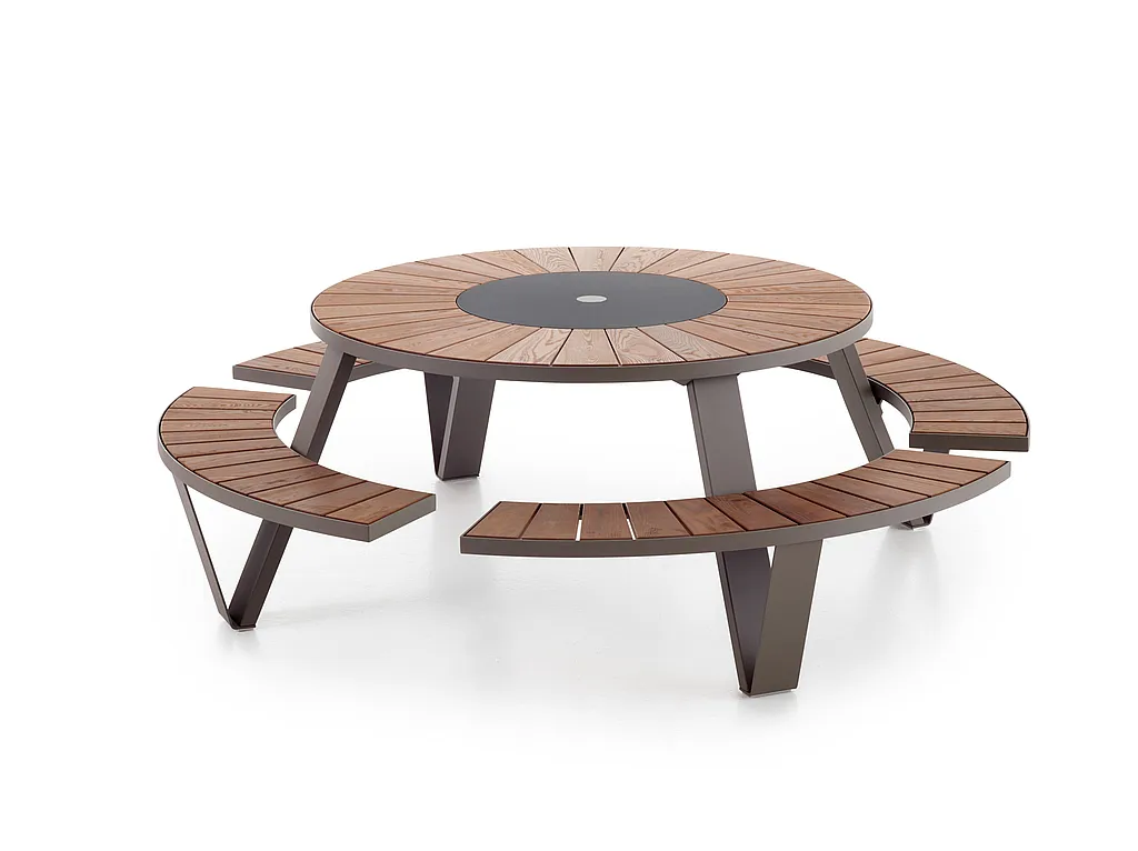 Pantagruel picnic round table with wooden seats and black frame