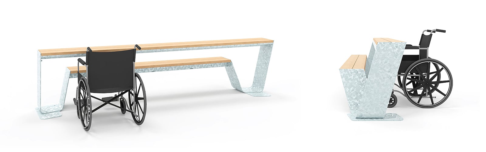 Hopper bench shown as a wheelchair-accessible table solution with single side access.