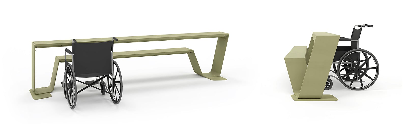 Hopper bench shown as a wheelchair-accessible table solution with single side access.