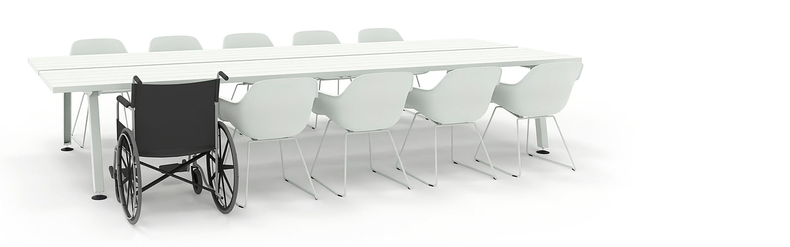 Marina double desk presented as a wheelchair-accessible desk with double side access.