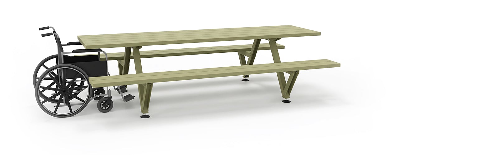 Marina picnic table shown with double end wheelchair access, except for the 165 cm version.