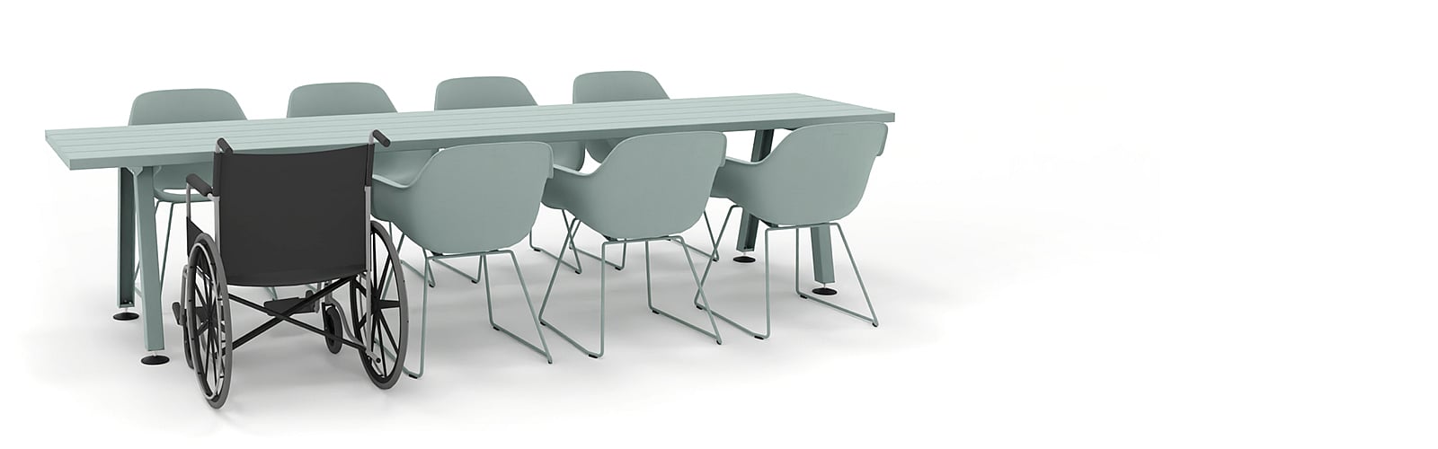 Marina table shown as a wheelchair-accessible table with double side access.