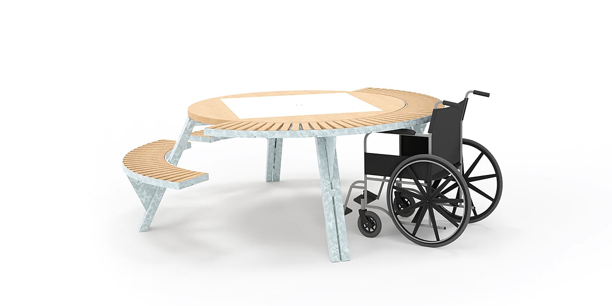 Gargantua table shown with single end wheelchair access when two benches are set at tabletop height.