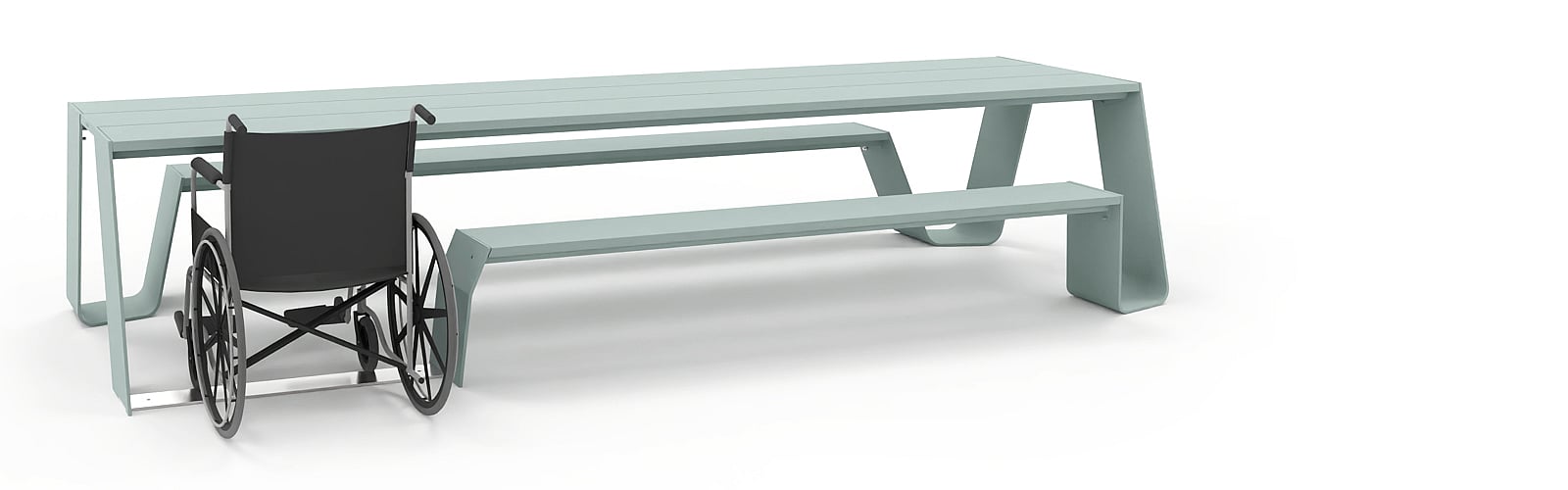 All-aluminium Hopper picnic version with one shortened bench and a stainless steel connection piece added for wheelchair access.