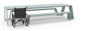 All-aluminium Hopper picnic version with one shortened bench and a stainless steel connection piece added for wheelchair access.