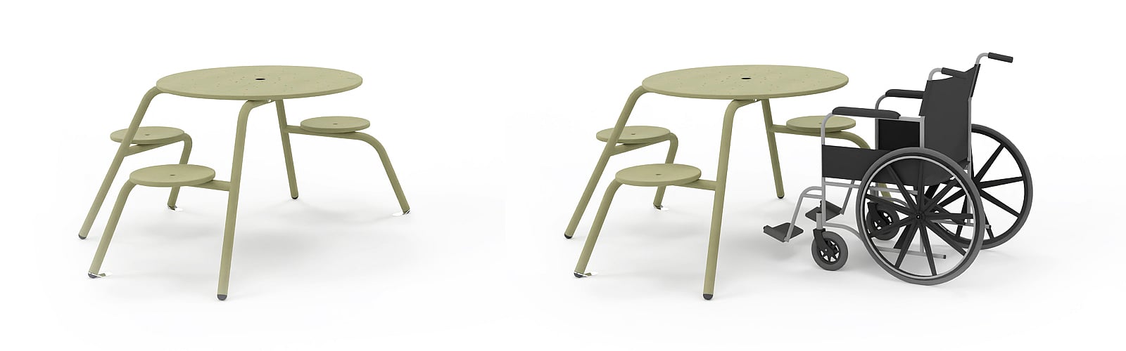 Adapted Virus 4-seater picnic table with one leg removed to create wheelchair access, designed to be fastened to the floor.