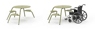Adapted Virus 4-seater picnic table with one leg removed to create wheelchair access, designed to be fastened to the floor.