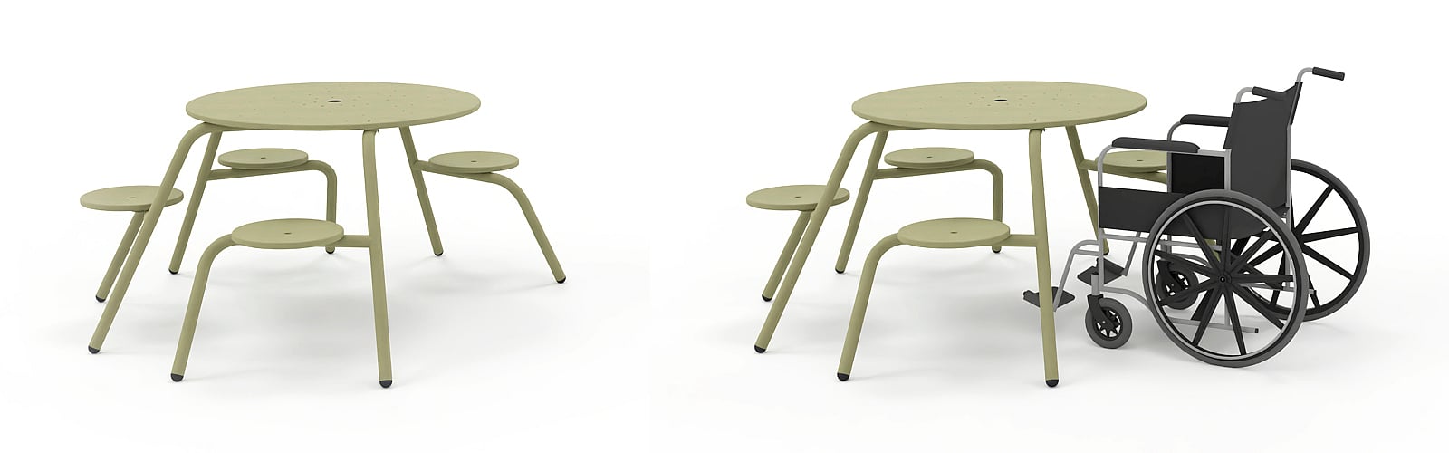 Adapted Virus 5-seater picnic table with one leg removed to make room for a wheelchair.