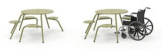Adapted Virus 5-seater picnic table with one leg removed to make room for a wheelchair.