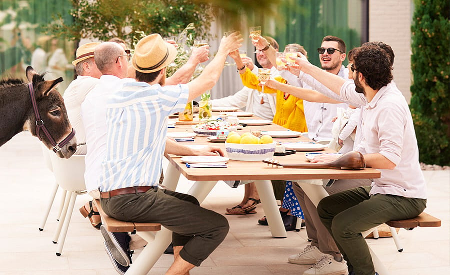Een groep mensen heft een bril op in een toast rond een lange eettafel in de buitenlucht, terwijl een ezel naast de tafel aan de linkerkant staat.