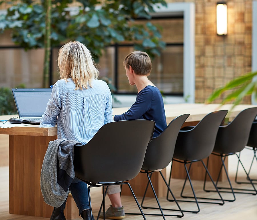 Twee mensen zaten aan een lange houten tafel met zwarte kapiteinsstoelen en werkten samen aan een laptop in een rustige binnenruimte met planten en grote ramen.