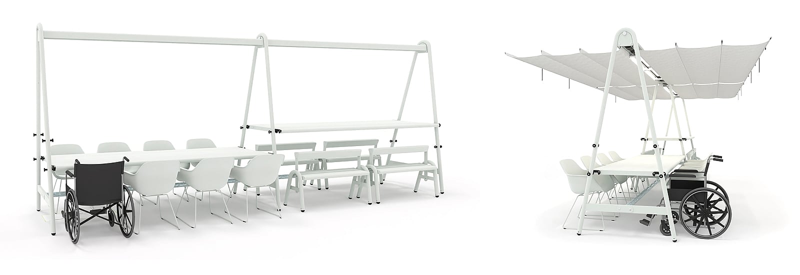 AMAi table shown as a wheelchair-accessible setup with double side access when the tabletop is in the standard position.