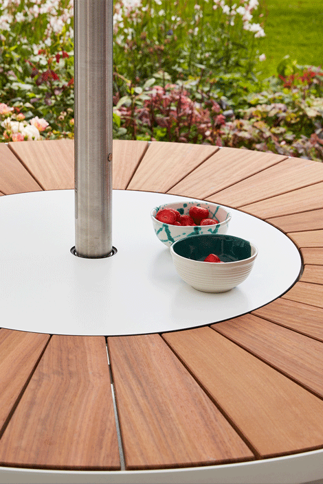 Pantagruel shown as a round communal table where food and drinks are always within easy reach thanks to the central revolving tray.