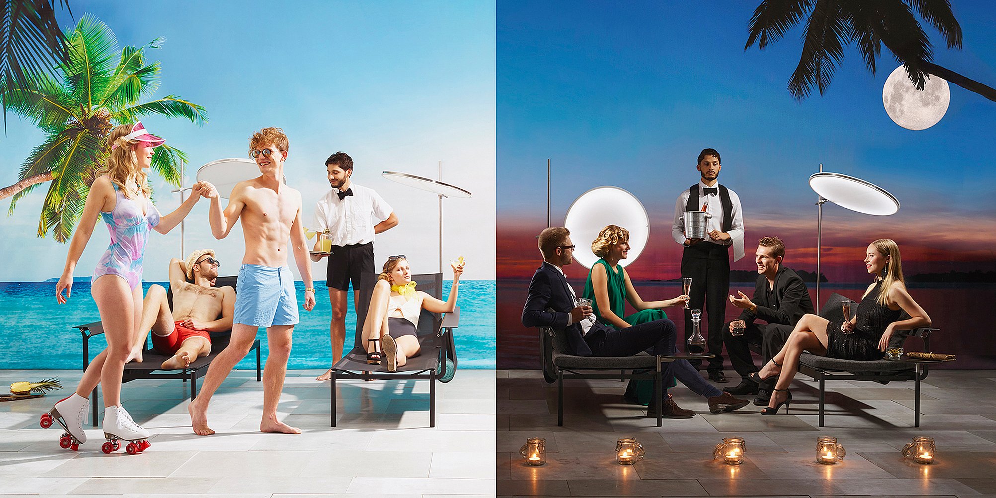 Sol+Luna outdoor sofa sunbed in a landscaped setting, presented as a two-in-one piece for sunbathing by day and lounging by night.” The page introduces Sol+Luna as “the sunbed sofa or sofa sunbed.
