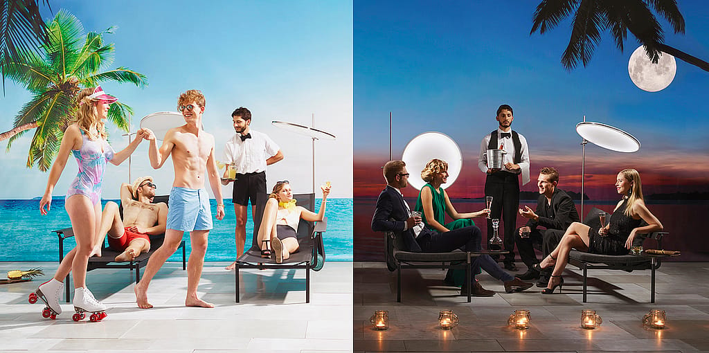 Sol+Luna outdoor sofa sunbed in a landscaped setting, presented as a two-in-one piece for sunbathing by day and lounging by night.” The page introduces Sol+Luna as “the sunbed sofa or sofa sunbed.