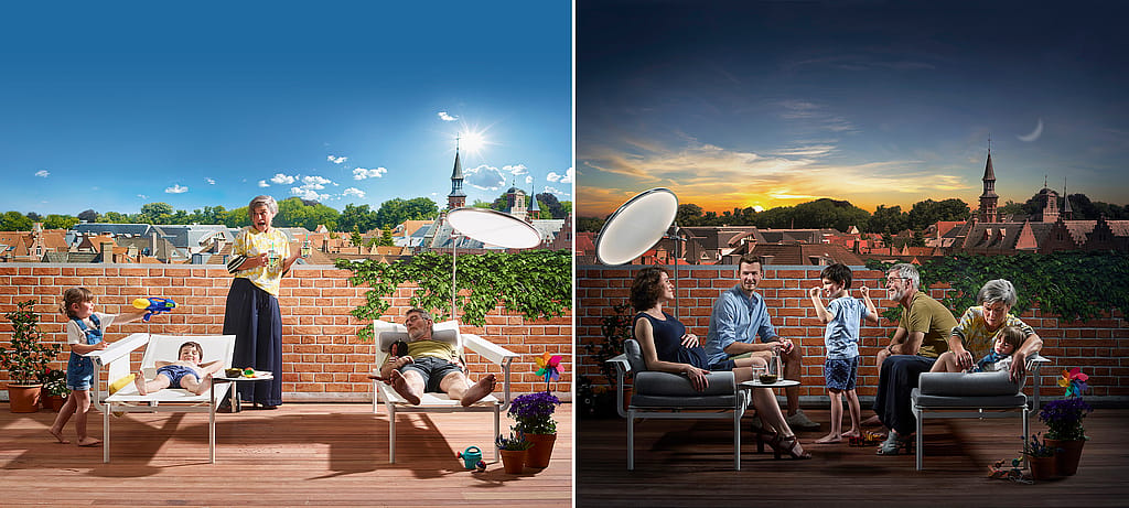 Sol+Luna used as a relaxed outdoor lounge, showing how one piece can function as both a sunbed and a sofa.” This image sits beside the caption about sunbathing during the day and lounging with friends at night.