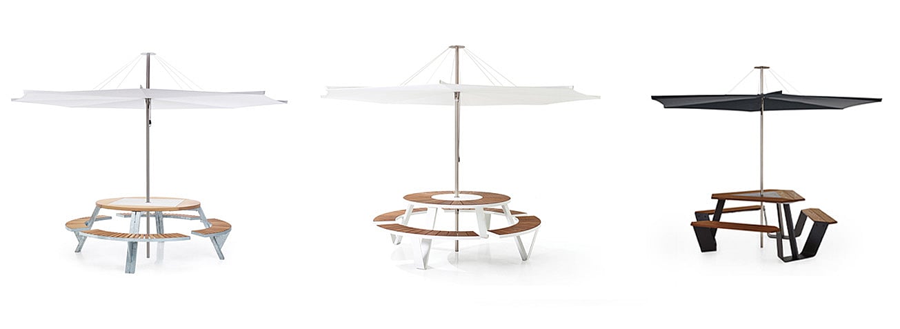   Vue d'ensemble studio de trois tables de pique-nique avec parasols Inumbrina : Gargantua à gauche, Pantagruel au centre et Anker à droite.