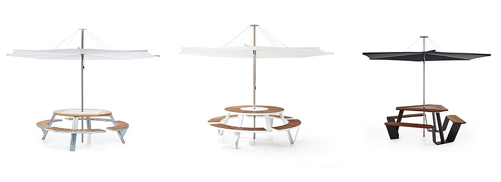 Vue d'ensemble studio de trois tables de pique-nique avec parasols Inumbrina : Gargantua à gauche, Pantagruel au centre et Anker à droite.