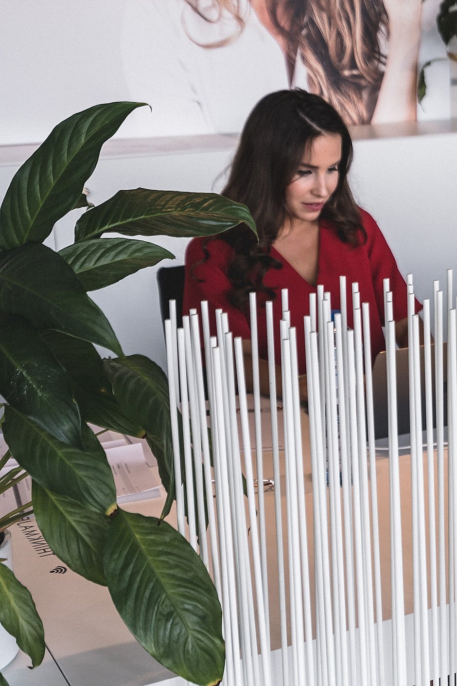Stick-divider, l’image du héros présentant un séparateur biophilique composé de tiges verticales qui crée de l’intimité tout en gardant une circulation ouverte.