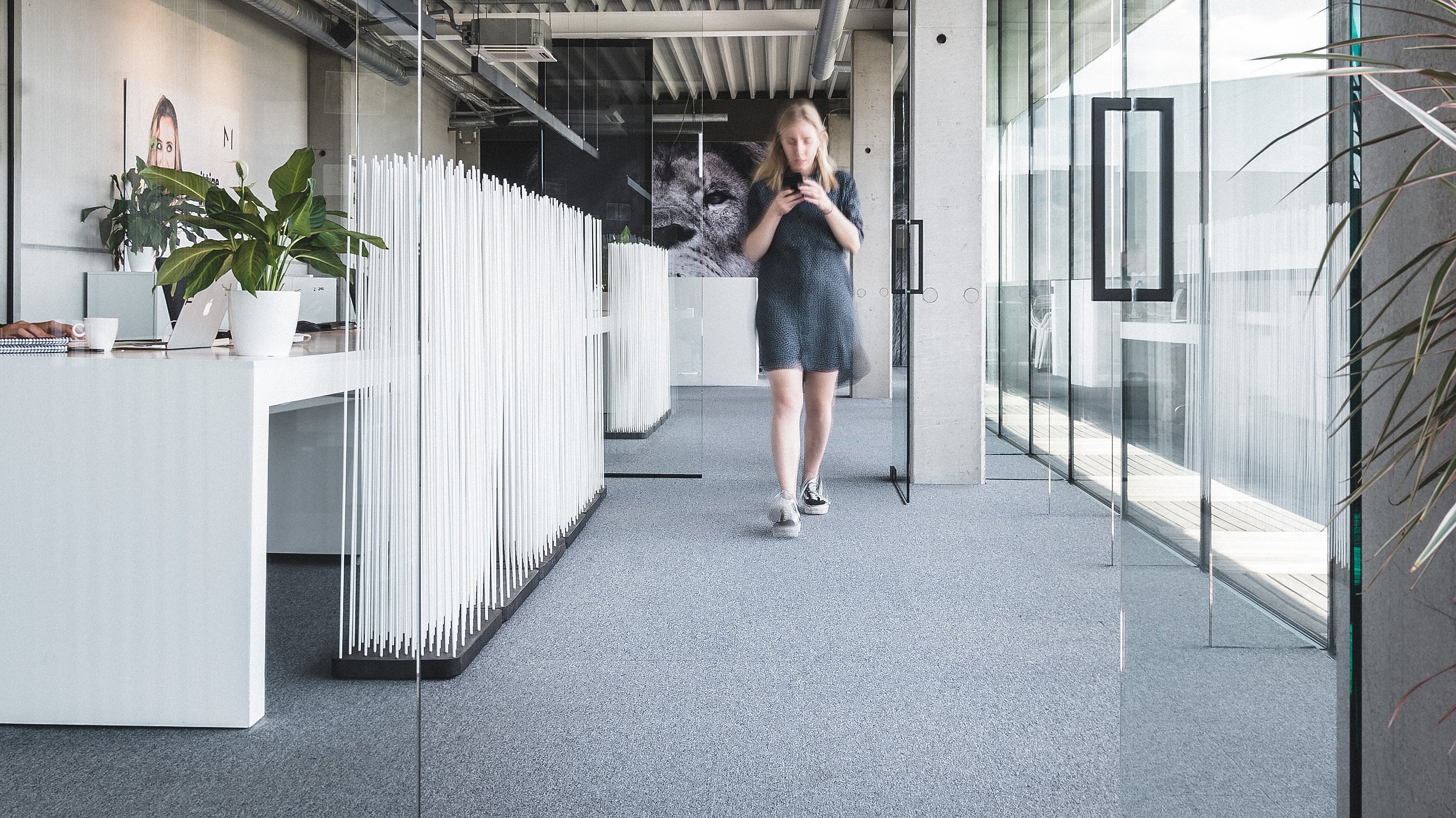 Stick-divider, l’image du héros présentant un séparateur biophilique composé de tiges verticales qui crée de l’intimité tout en gardant une circulation ouverte.