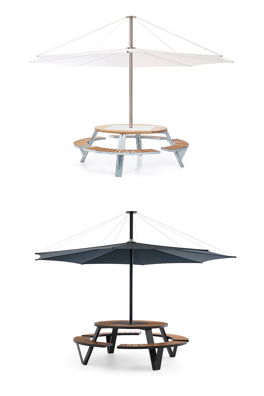 Inumbra parasol hero image introducing a minimalist floating shade with a clean underside and no visible technical parts.