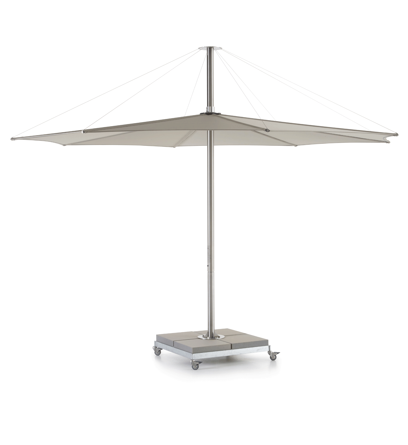 Animated product image of the Inumbra parasol opening and closing, highlighting the smooth floating canopy and hidden mechanics.
