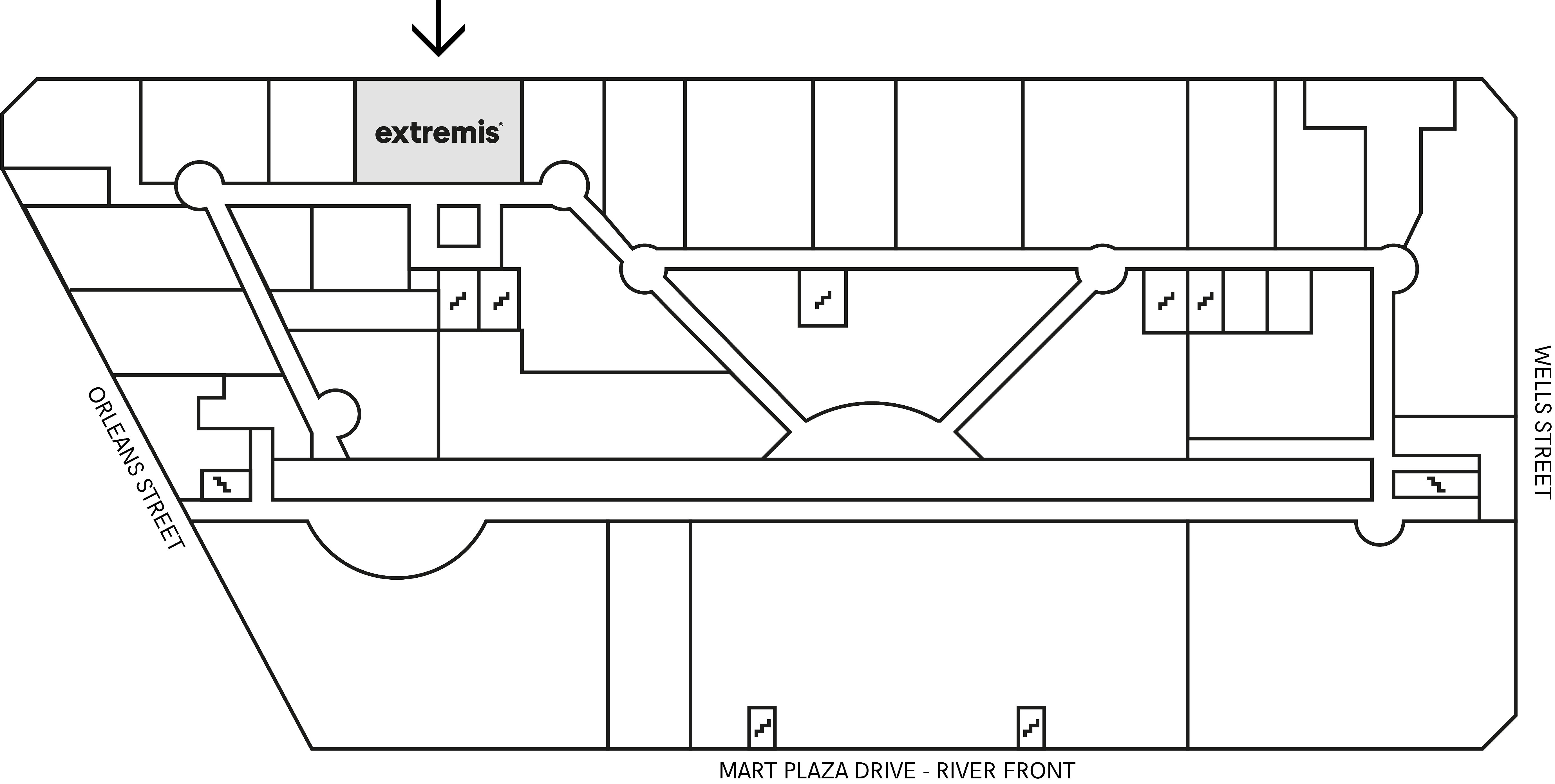   Plan en noir et blanc du showroom Extremis au Merchandise Mart, situé au troisième étage, entre Orleans Street, Wells Street et Mart Plaza Drive.
