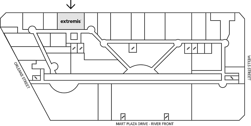 Plan en noir et blanc du showroom Extremis au Merchandise Mart, situé au troisième étage, entre Orleans Street, Wells Street et Mart Plaza Drive.