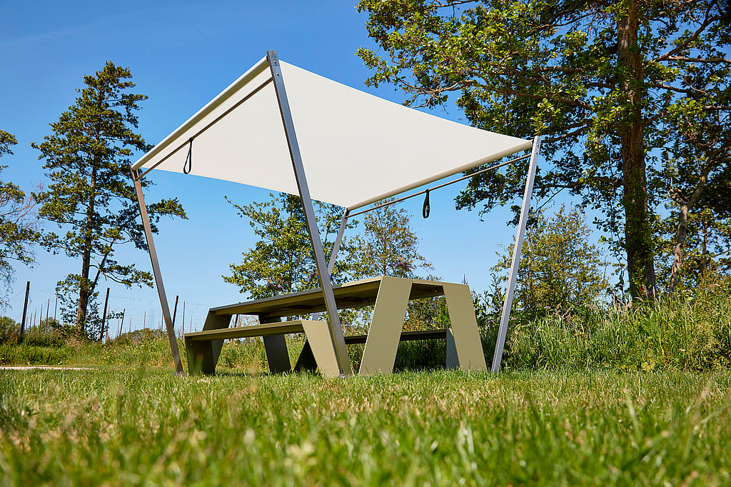 Grüner Hopper-Picknicktisch mit Hopper-Schatten im hohen Gras neben Bäumen