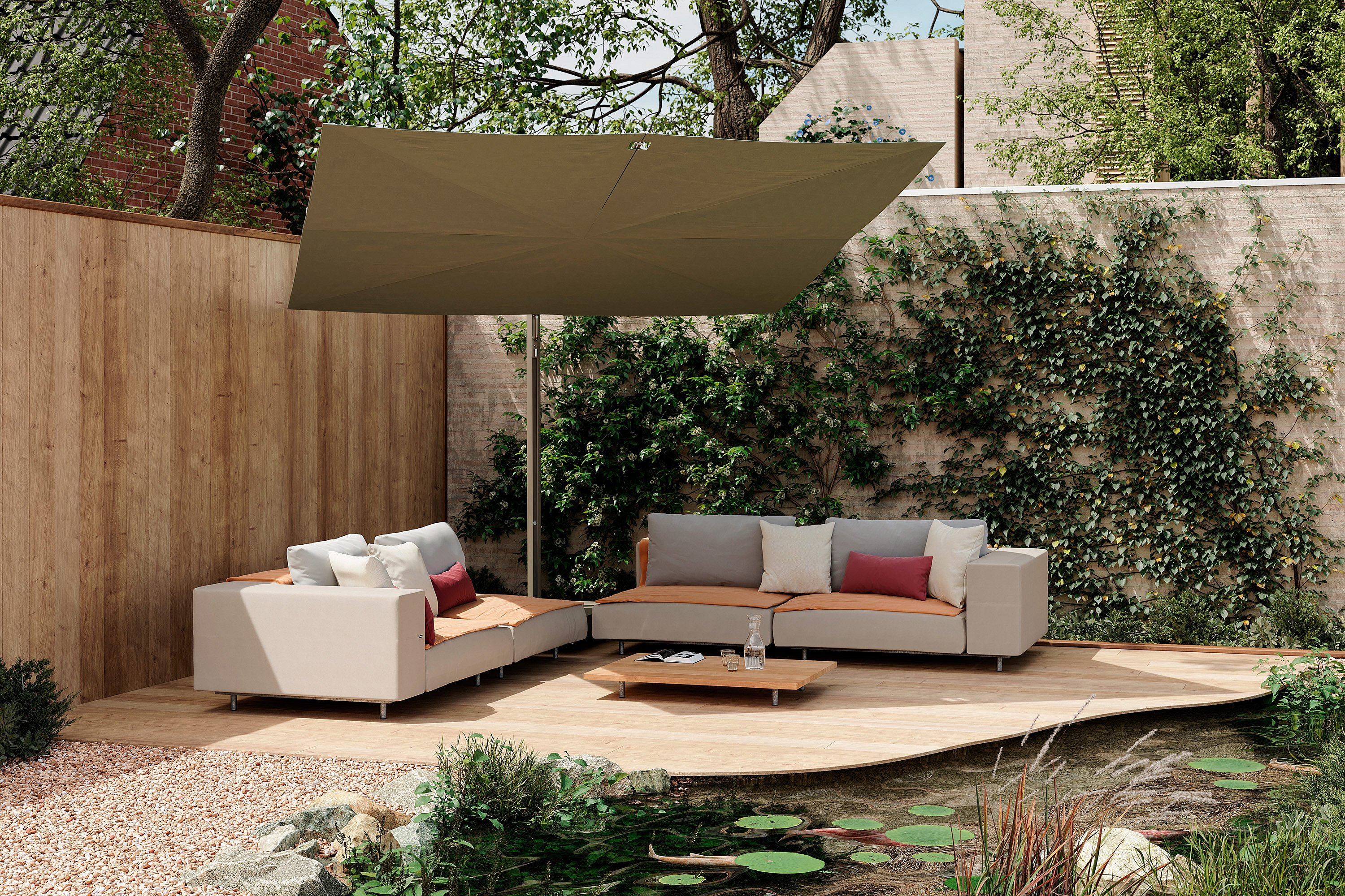 Sensu Schatten über einem Walross-Sofa auf einer hölzernen Gartenterrasse neben einem Teich mit Seerosen
