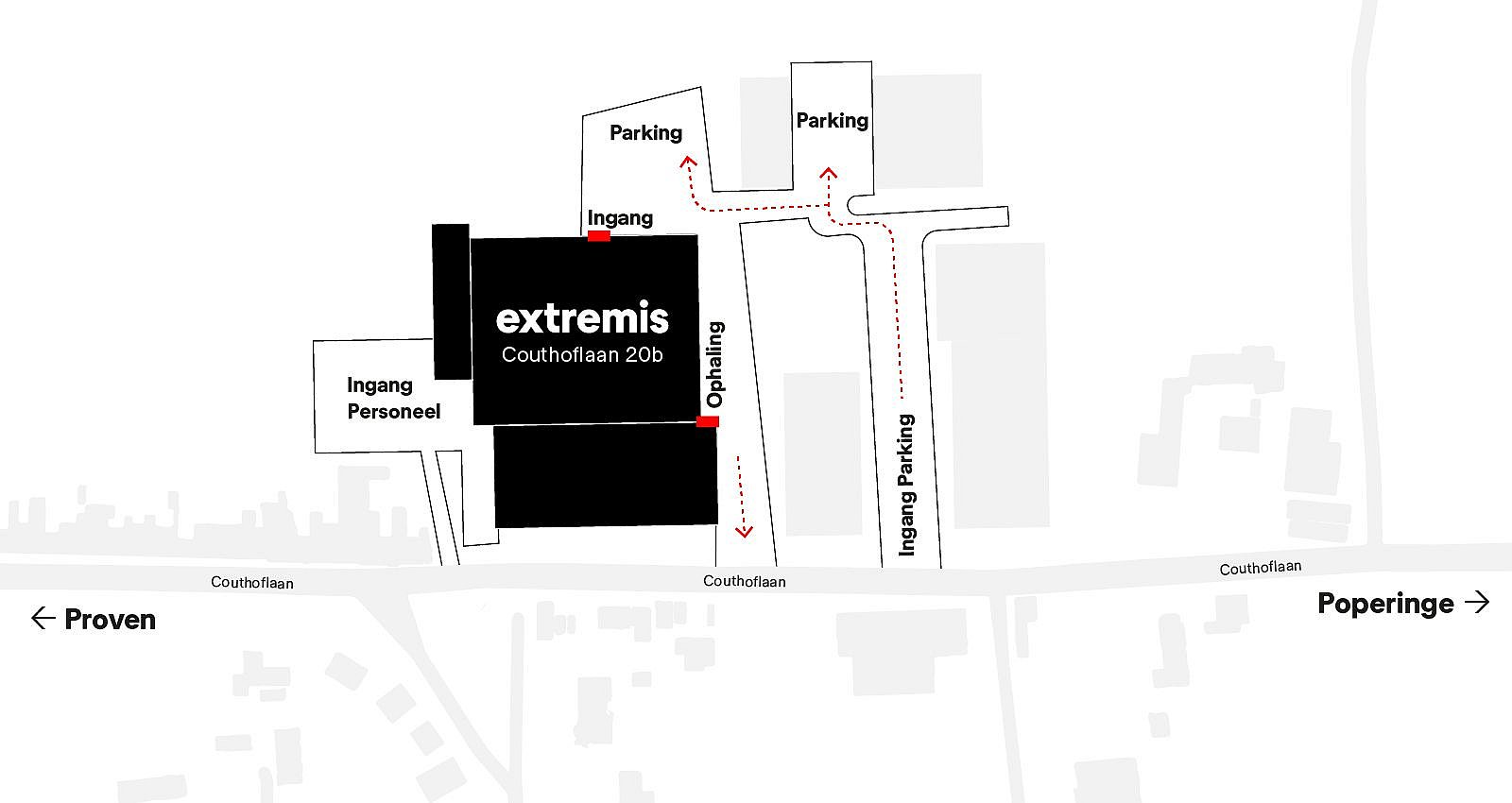 Karte mit Eingang und Parkplatz von Extremis in der Couthoflaan 20b in Proven