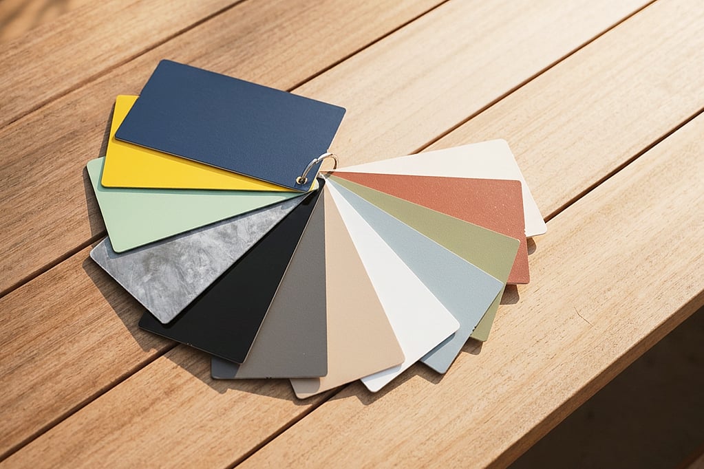 Extremis color samples on top of a wooden table top