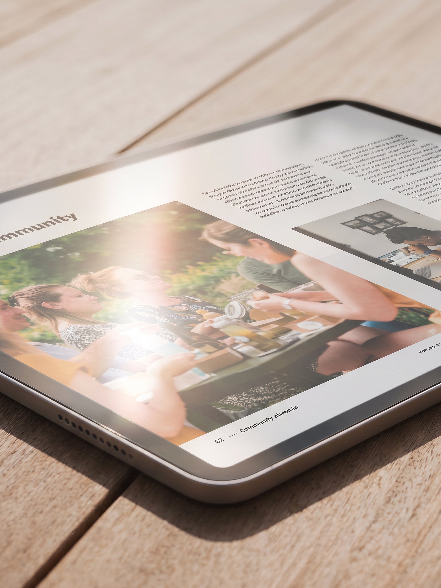 A tablet displaying an Extremis e-book page titled "Community", showing people gathered around an outdoor table.