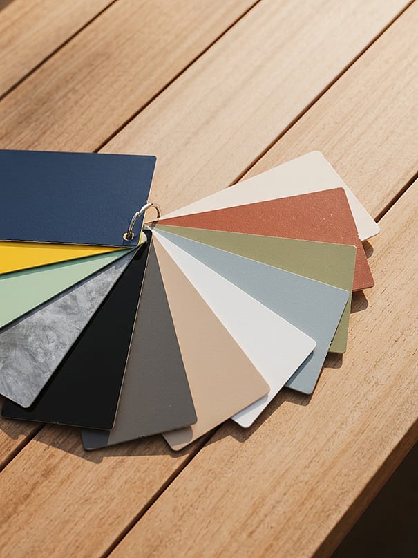 A fanned-out selection of material and color swatches on a wooden table.