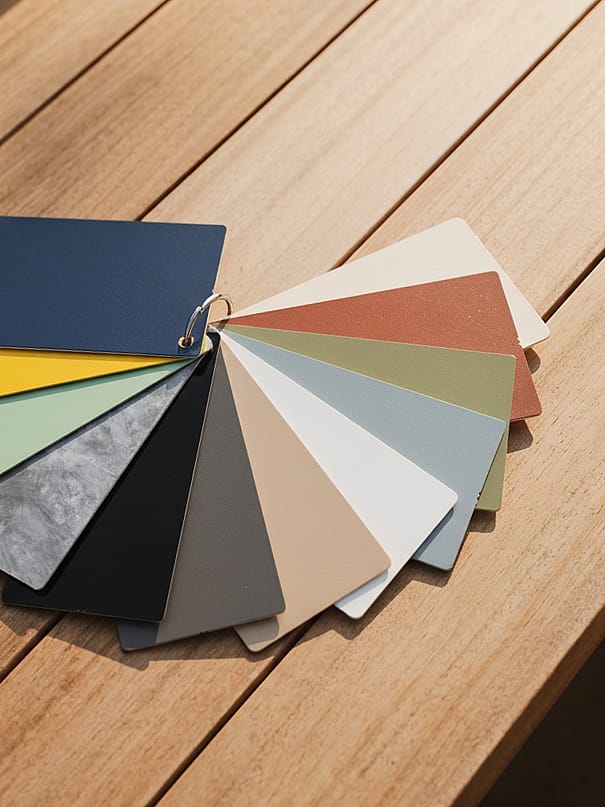 A fanned-out selection of material and color swatches on a wooden table.