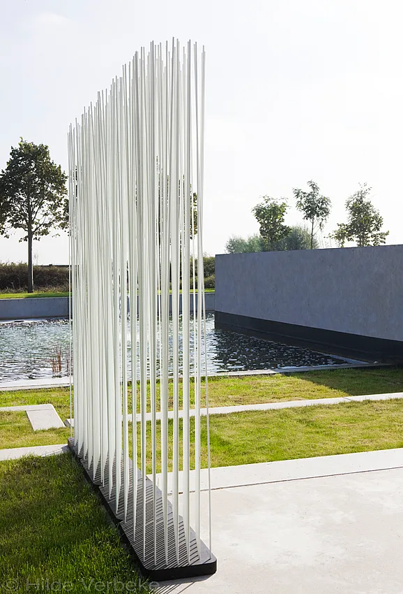 Wit Sticks-privacyscherm naast een modern zwembad