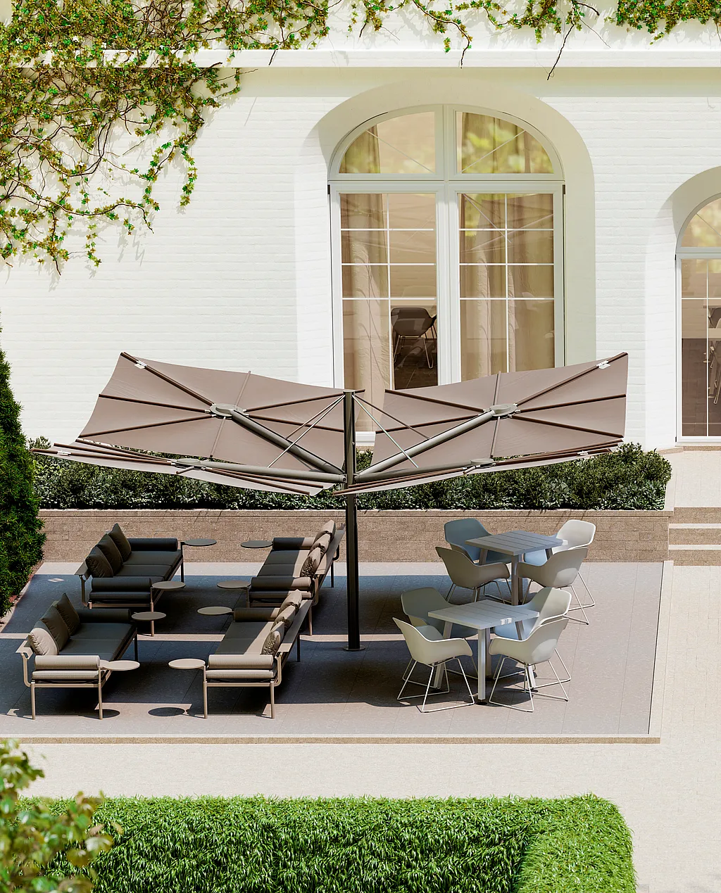 Sensu Quattro diamond parasols shading Marina tables and Sol+Luna seating on a restaurant terrace