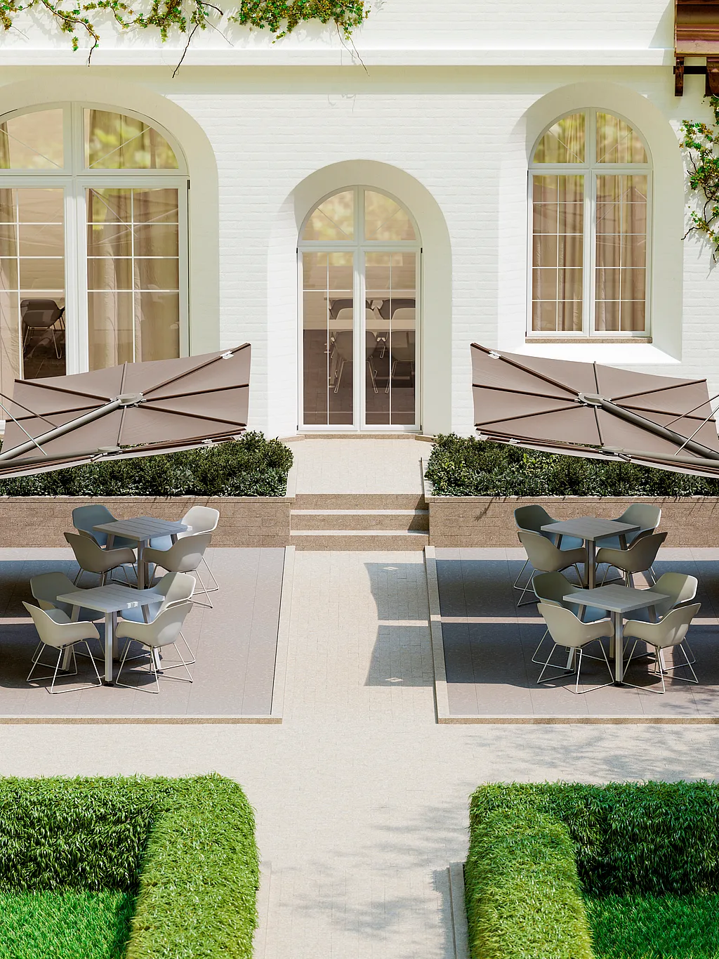Sensu Quattro diamond parasols boven Marina tafels en Sol+Luna zitmeubelen op een restaurantterras