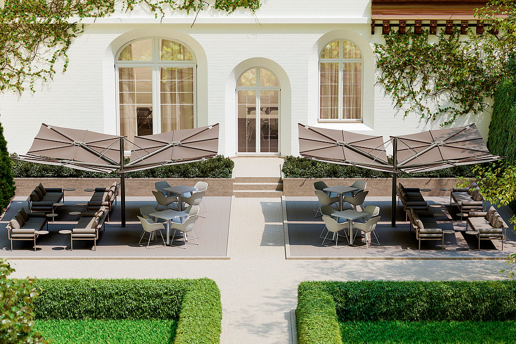 Sensu Quattro diamond parasols shading Marina tables and Sol+Luna seating on a restaurant terrace