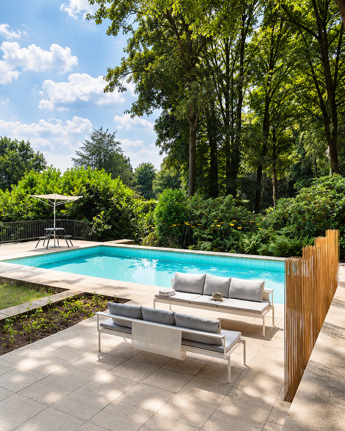 White Sol+Luna outdoor sofas with pale grey cushions arranged on a tiled terrace beside a rectangular swimming pool, with a white parasol table, dense woodland planting, and a slender wood screen in the background.